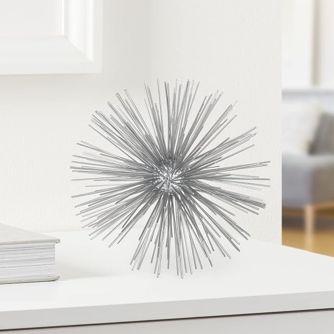 Torre & Tagus 7” Spike Silver Sphere Decor (Steel Metal Ball Decor) Handmade Starburst Table Decoration, Geometric Decorative Objects for Shelves, Mid-Century Modern Sputnik Home Table Accent
