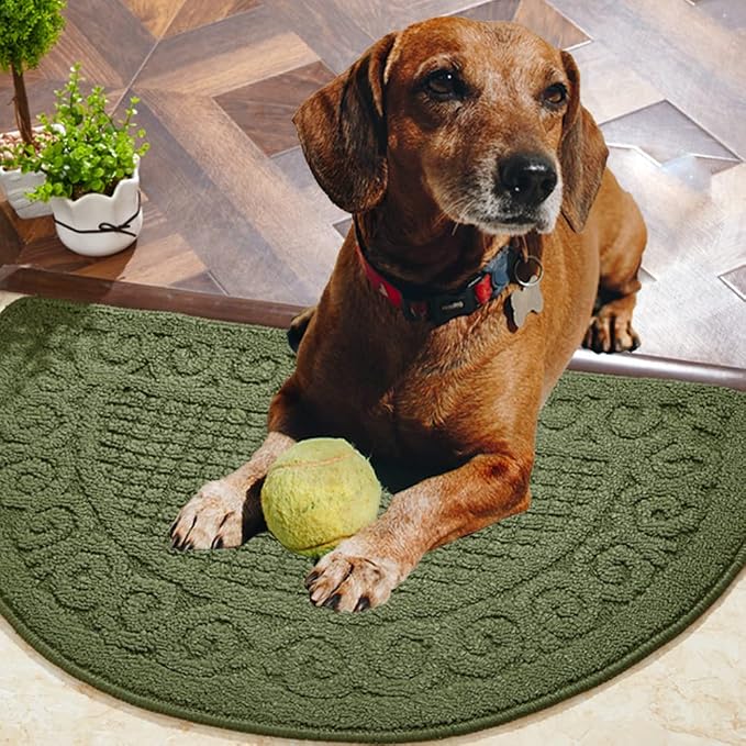 Indoor Door Mat 18"X30",Half Round Non Slip Machine Washable Entryway Rug for Front/Back Door,Half Circle Absorbent Low Profile Entrance Floor Mat for Spring Summer Muddy Wet Shoes and Paws- Green