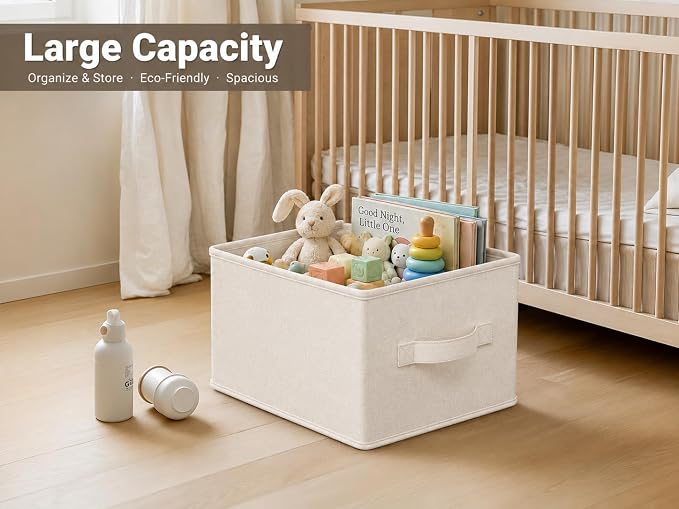 LayerSpace Fabric Storage Bins | Closet Bin Shelf Organizer Shelf Basket | Collapsible Linen Closet Organizer Storage Cube | 14¾"L x 10¼"W x 8¼"H | Storage for Clothes | White & Ivory 3 Pack | Thickened Rigid PP Panels, Cotton-linen Shelf Baskets, Meas...