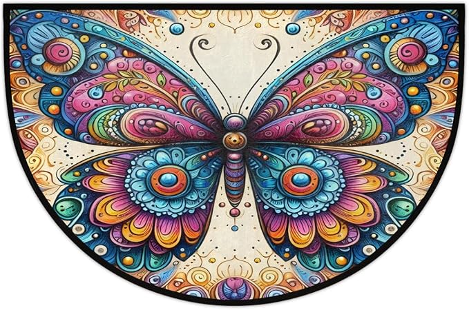 Colorful Butterfly Ethnic Half Round Mat Half Moon Door Rug Washable Durable Semi Circle Carpet Floor mats for Indoor Outdoor Bathroom Kitchen Patio Hearth Rug Laundry Room Home Decoration