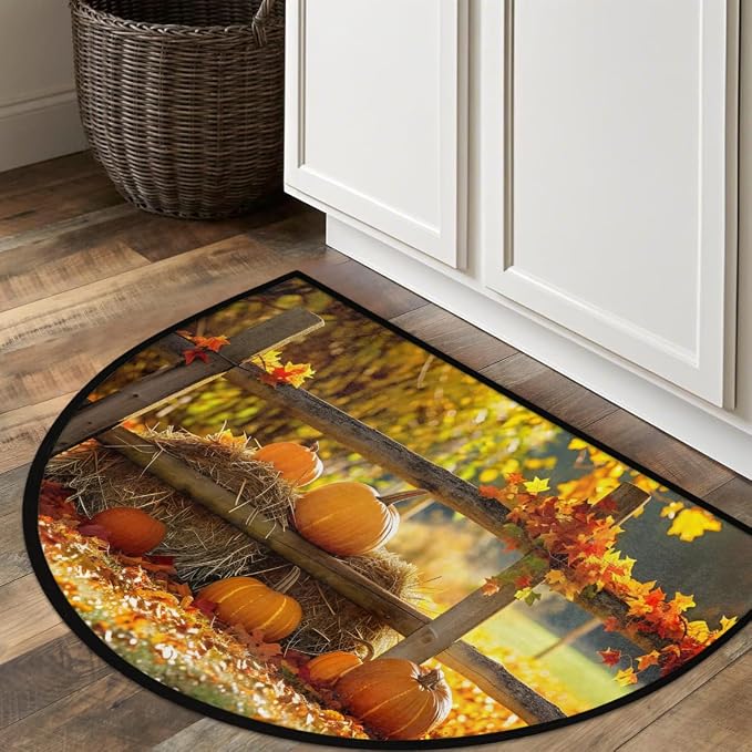 Farm Pumpkin Half Round Door Mat Semi Moon Rug Fireplace Carpet Area Rugs | Fall Farm Pumpkin Non Slip Absorbent Half Circle Mat Carpet for Indoor Outdoor Patio Kitchen Bathroom Entryway Home Decor