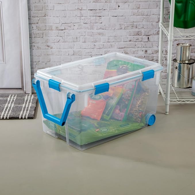 Sterilite Gasket Storage Box with Lids for Home & Office, 120 Quart, 9-Pack | Heavy-Duty, Stackable, and Organizing Containers for Bathroom, Cabinet, Closet, and Garage, Clear and Blue Aquarium Latches