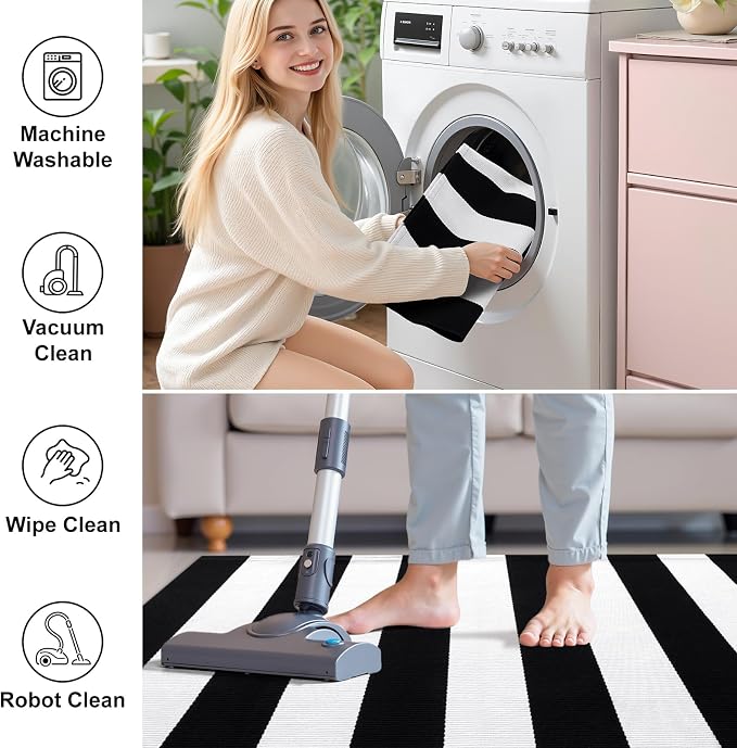 OLANLY Black and White Striped Rug 4' x 6' – Washable Cotton Indoor Outdoor Doormat for Front Door, Entryway, Kitchen, Porch, Patio Decor