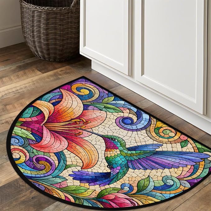 Bird Half Round Door Mat Non Slip Half Circle Rugs | Colorful Floral Washable Half Moon Rug Semi Circle Rugs Indoor Entrance Floor Carpet for Kithen Bedroom Fireplace Decor