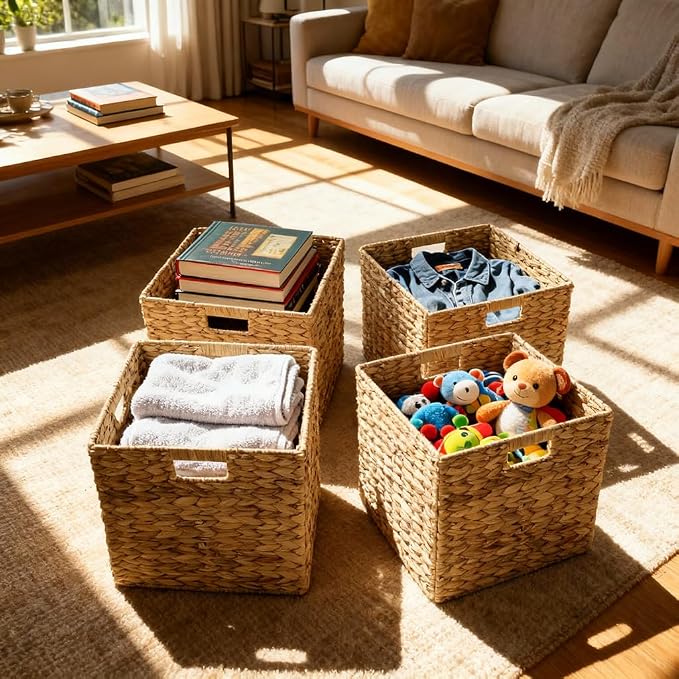 12x12in Storage Baskets,Set of 4 Water Hyacinth Baskets,Wicker Cube Baskets Laundry Organizer,Foldable Handwoven Storage Cubes,for Cube Shelf,Collapsible Laundry Baskets Pantry,Living Room,Bedroom
