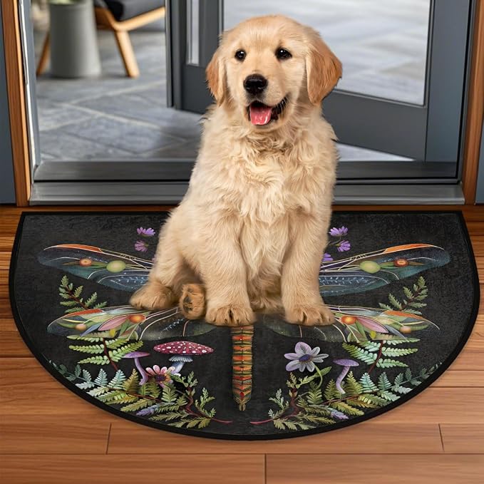 Dragonfly Half Round Door Mat Outdoor Doormat Bedroom Entrance Rug A11 | Dragonfly Flower Floral Semi Moon Door Mat Non-Slip Absorbent Kitchen Rug Indoor Welcome Bath Mat 36" X 24"