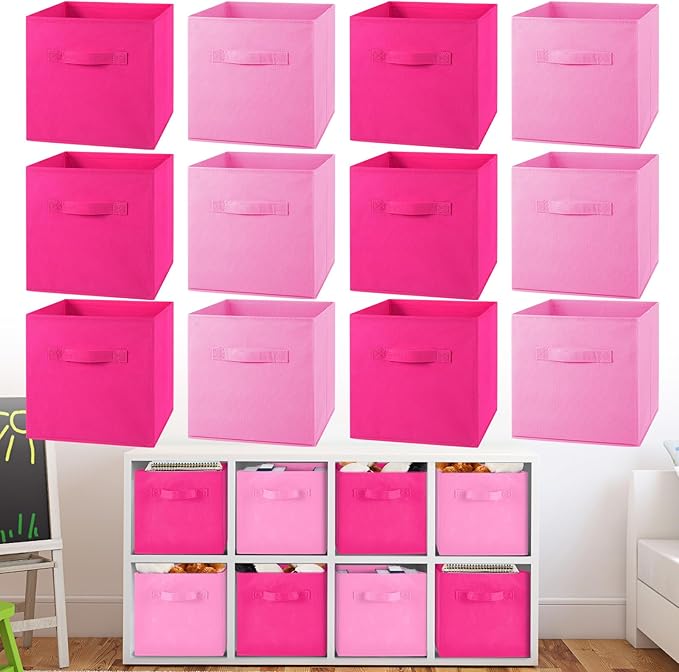 Yinder 12 Pcs Cube Storage Bin Pink 10.5''x10.5''x11'' Storage Bins for Playroom Decor Colorful Bins for Kids Foldable Baskets for Nursery Organizer Boxes Fabric Boxes