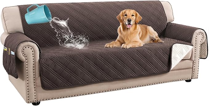 H.VERSAILTEX 100% Waterproof Couch Covers for 3 Cushion Couch Sofa Modern Sofa Slipcovers Thick Soft Furniture Protector with Elastic Straps(Sofa,Chocolate/Beige)