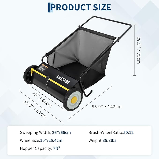 26-Inch Push Lawn Sweeper – 4 Fast Brushes, 7 Cu.ft Collector, Adjustable Height – Durable Steel Frame – Manual Hand-Push for Yard, Garden, Patio & Driveway Cleanup