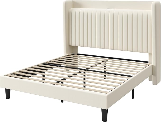 SHA CERLIN Full Size Velvet Bed Frame with Shelf, Charging Station, Cream | Wingback Storage Headboard, Upholstered Platform Bed, Wooden Slats Support, No Box Spring Needed, Easy Assembly, Noise Free