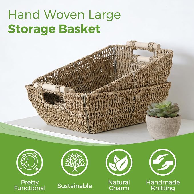 Wicker Baskets with Wooden Handles, Large Seagrass Storage Baskets
