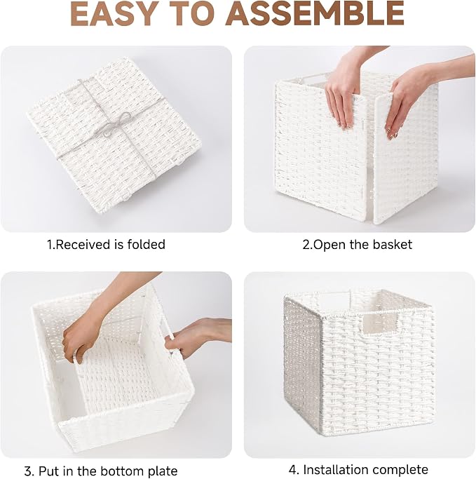 StorageWorks 11 inch Cube Storage Bin,White Storage Cubes,Wicker Baskets | 2-Pack,Handwoven Paper Rope White Wicker Baskets,Wicker Storage Cubes with Handles,Foldable Square Baskets for Organizing