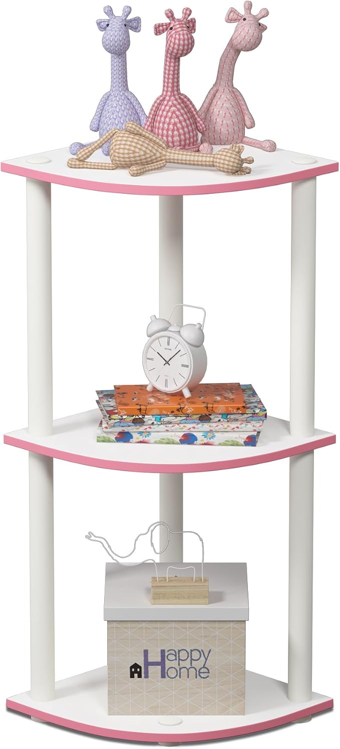 Furinno TURN-N-TUBE Corner Shelf, 3-Tier Corner Bookshelf, Display Storage Shelves with Open Shelves, for Organization and Storage, Living Room, Home Office, Garage, Pink