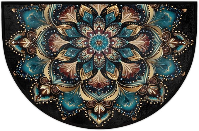 Boho Bohemia Colorful Half Round Door Mat Non-Slip Semi Circle Rug Washable Half Moon Floor Rug Absorbent Bathroom Area Rugs for Outdoor Indoor Fireplace Mat Entryway Kitchen Decor Rugs