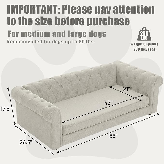 Dog Sofa Couch for Medium to Large Dogs, 55" Memory Foam Pet Sofa Couch with Washable Fabric, Durable Elevated Dog Bed with Legs, Removable Cushion for Medium and Large Dogs, Beige