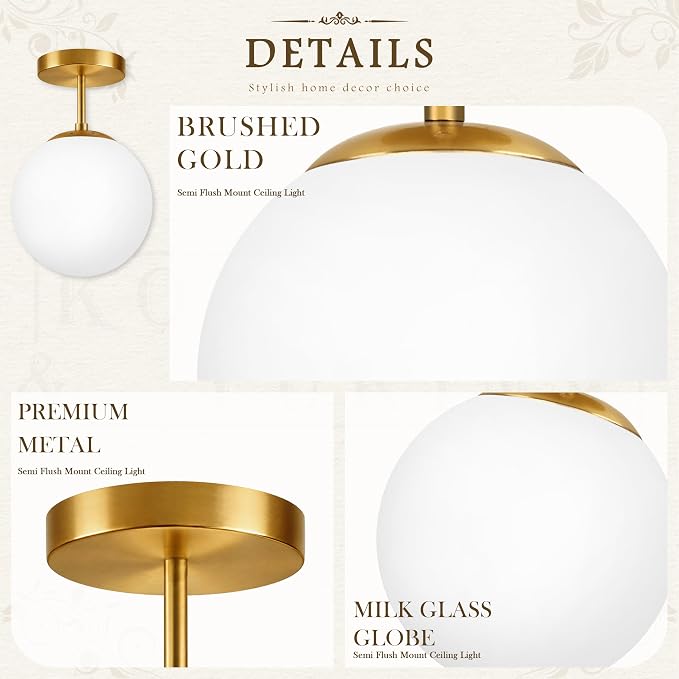 Globe Semi Flush Mount Ceiling Light Fixture Globe Ceiling Light Milk Glass Matte Gold Finish Contemporary Mid Century Modern Lighting for Hallway Living Room Kitchen Bedroom Storage(Bulb Included)