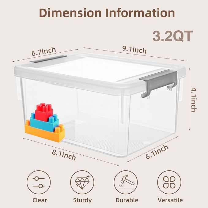 Small Storage Bins with Lids 3.2 QT Plastic Storage Containers for Organizing Stackable Clear Storage Boxes,Clear White(6 Packs)