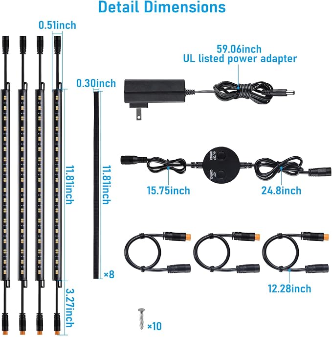TORCHSTAR 6pcs 12 Inch LED Safe Lighting Kit, Rocker Switch, 5CCT | Dimmable, UL Power Adapter, Input 100-240V, Linkable Gun Safe Light Bars, 900LM, for Under Cabinet Locker Closet Showcase