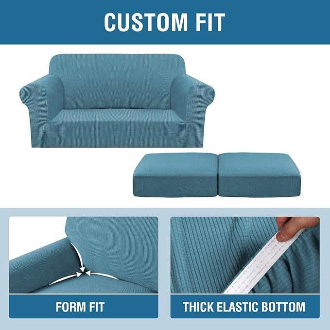 H.VERSAILTEX 3PC Stretch Sofa Covers for Loveseat - Base & 2 Seat Cushions, Thicker Jacquard Fabric (Medium, Storm Blue)