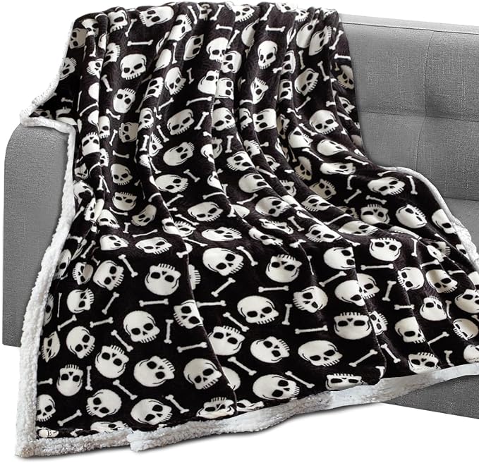 Elegant Comfort Throw Blanket, Reversible Sherpa Flannel, Ultra-Soft, Fuzzy, Cozy and Plush- All Season Lightweight Decorative Throw, 50 x 60 inches, Skulls and Bones Sherpa Throw