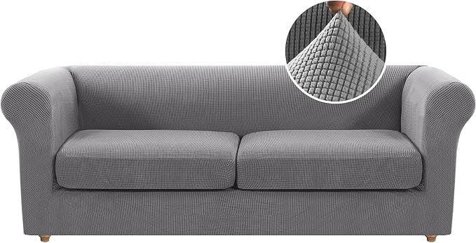H.VERSAILTEX 3 Pieces Couch Covers for Dogs Stretch Chesterfield Couch Covers for 2 Cushion Couch Sofa Mid Century Deep Seat Slip Covers for Sofas/Couches Thicker Jacquard Fabric(Medium-XL Sofa, Dove)