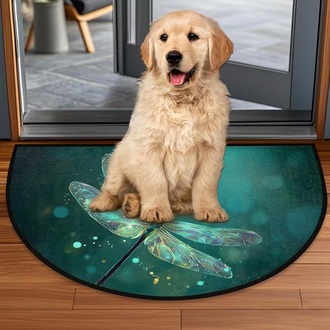 Dragonfly Half Round Door Mat Welcome Entrance Mat Bath Bathroom Rug | Dragonfly Welcome Entrance Mat Anti-Slip Half Moon Bath Mat Semi Circle Rug Indoor Outdoor Kitchen Rug