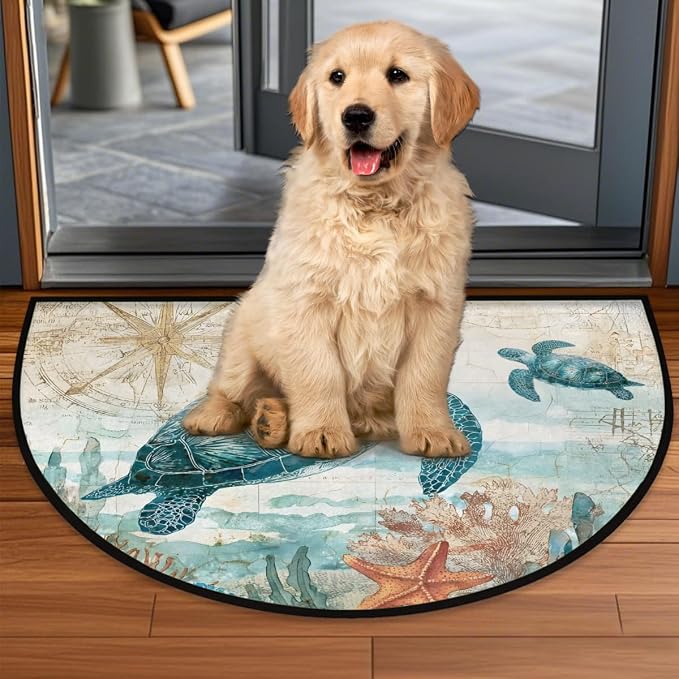Vintage Turtle Half Round Door Mat Welcome Entrance Mat Bath Bathroom Rug | Vintage Turtle Welcome Entrance Mat Anti-Slip Half Moon Bath Mat Semi Circle Rug Indoor Outdoor Kitchen Rug