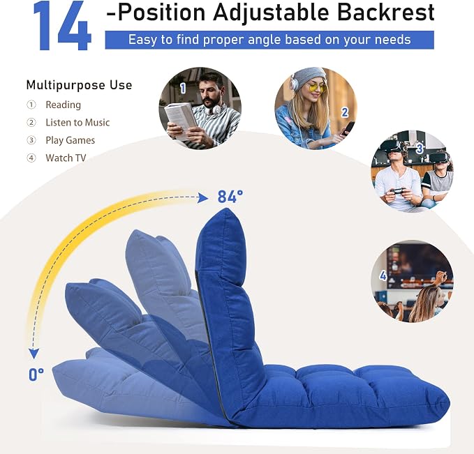 COSTWAY Floor Chair, Folding Gaming Chair with Back Support (Blue) | 14 Adjustable Positions, Alloy Steel Frame, Lazy Sofa Lounge for Playing Reading Meditating Room Recliner for Adults, Kids