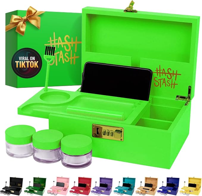 HASHSTASH The OG Storage Box - Large Bamboo Box with Combination Lock, Magnetic Lid, Organizer Tray, Airtight Tube and 3 Jars - Discreet Decorative Locking Wooden Box with Accessories (Neon Green)