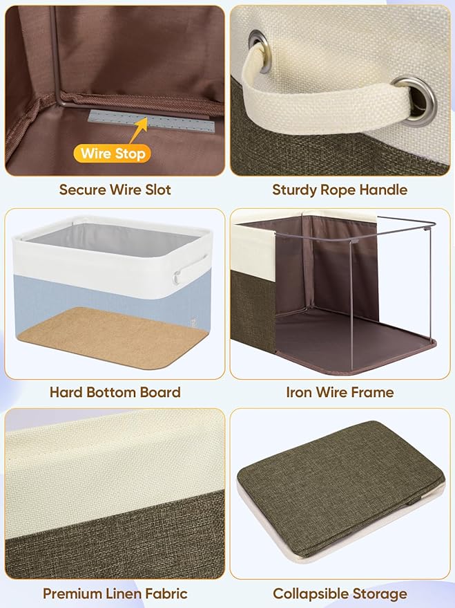BALEINE 3 Pack Fabric Closet Storage Bins for Shelves, Linen Closet Organizers and Storage, Decorative Baskets for Organizing, Shelf, Clothes, Home, Office (Brown, 15"x11"x9.5")