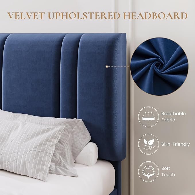 SHA CERLIN California King Bed Frame, Velvet Upholstered Bed with Adjustable Headboard, Vertical Channel Tufted Design, Sturdy Wood Slat Support, No Box Spring Needed, Easy Assembly, Blue