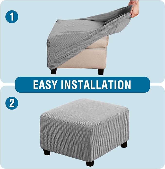 H.VERSAILTEX Square Ottoman Covers Ottoman Slipcovers Folding Storage Stool Furniture Protector Form Fit with Elastic Bottom, Stretch High Spandex Small Checks Jacquard Fabric(Medium,Dove)