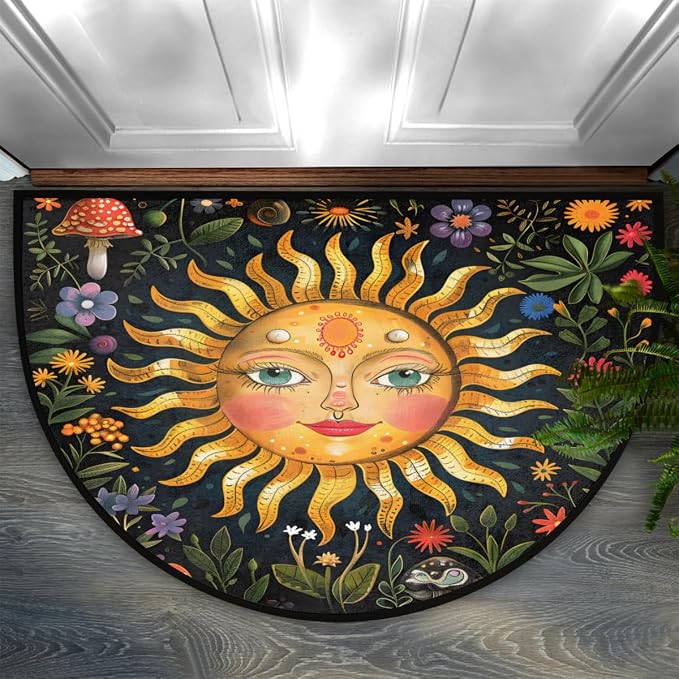 Half Round Doormat Boho Flower Sun Non Slip Half Circle Area Rugs Indoor Washable Half Moon Rug Semi Circle Bathroom Runner Mat Entrance Floor Carpet for Kithen Bedroom Fireplace Decor
