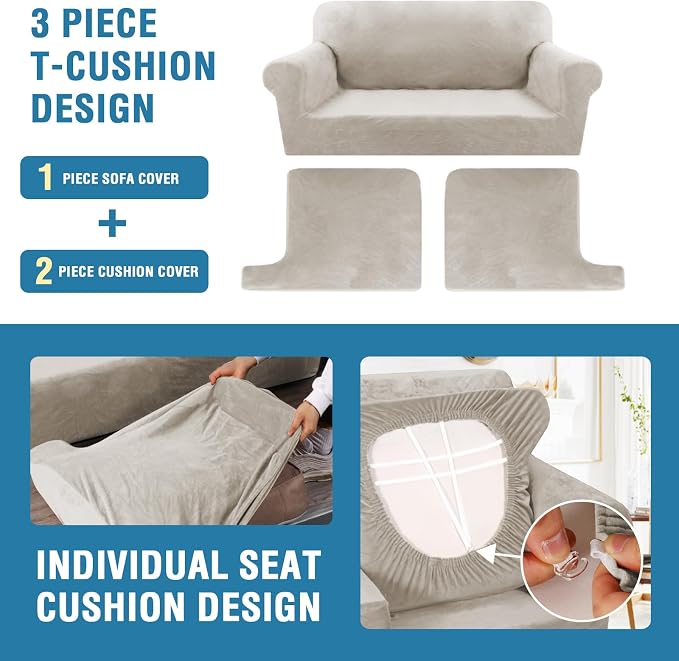 H.VERSAILTEX Sofa Cover 3 Piece T Cushion Sofa Slipcovers Thick Velvet Couch Cover Stretch T Cushion Sofa Covers for 2 Cushion Couch with 2 Individual T Cushion Covers, French Oak