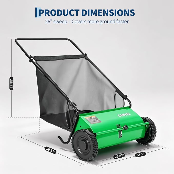 Garvee 26 Inch Push Lawn Sweeper, Walk Behind Leaf Grass Collector with 7 Cu ft Hopper Bag, Carbon Steel Frame, Yard Sweeper with Adjustable Brush Height for Garden Patio Driveway Leaves Cleanup | 7 Cu ft Hopper Bag, Carbon Steel Frame, Yard Sweeper wi...