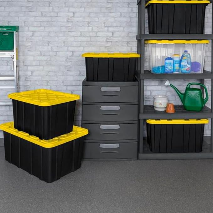 Sterilite Industrial Storage Tote with Lids for Garage, 27 Gallon, 12-Pack | Heavy-Duty and Stackable Utility Box Containers for Home, Office, and Basement Organization, Black/Yellow