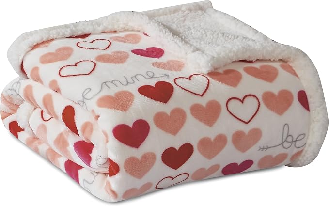 Elegant Comfort Luxury Valentine’s Day Sherpa Throw Blanket Ultra-Soft Cozy Velvet Pink Hearts Fleece Throw-Micromink Sherpa for Her, Wife, Girlfriend, Sherpa Reversible Blanket- Isabella