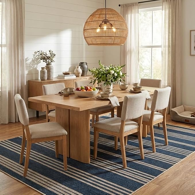 COZYLOOM Washable Living Room Rugs 9x12 Striped Easy Jute Rug with Non Slip Backing, Modern Stain Resistant Farmhouse Rugs for Patio Non Shedding Mats for Dining Room, Bedroom, RV, Navy Blue