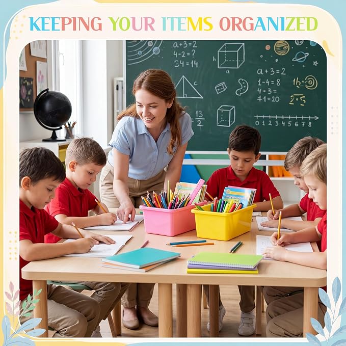 Thyle 12 Pieces Plastic Cubby Bins with Labels Classroom Book Bins Stackable Storage Container Durable Toy Storage Organizer Baskets for School Classroom Office (Classic,Light Color)