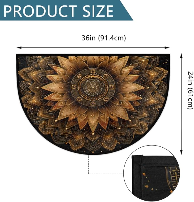Mandala Golden Vintage Half Round Door Mat Non-Slip Semi Circle Rug Washable Half Moon Floor Rug Absorbent Bathroom Area Rugs for Outdoor Indoor Fireplace Mat Entryway Kitchen Decor Rugs