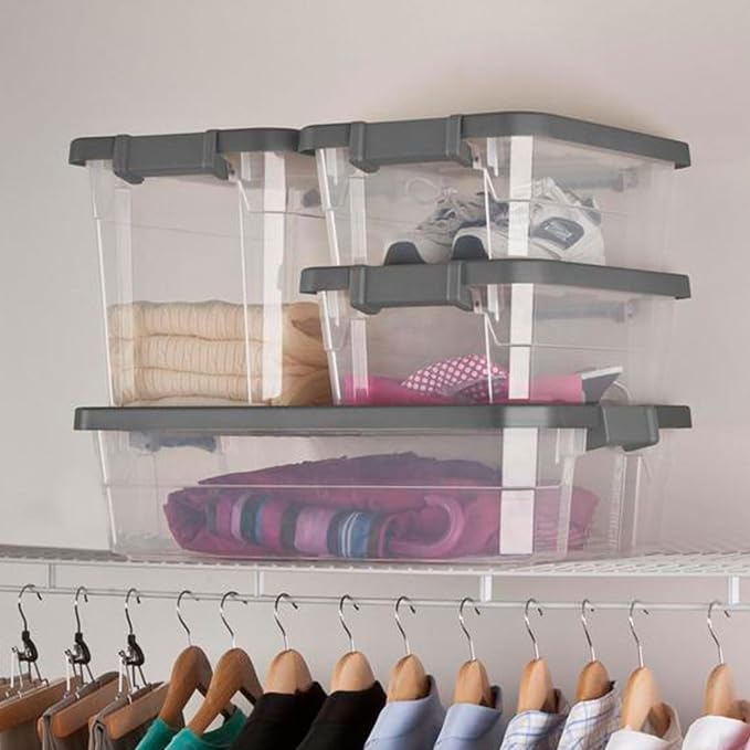 Sterilite Modular Stacker Box with Latching Lid, 30 Quart, 6-Pack | Clear Plastic Storage Bins - Stackable Organizing Container Boxes for Closet, Bathroom, and Office