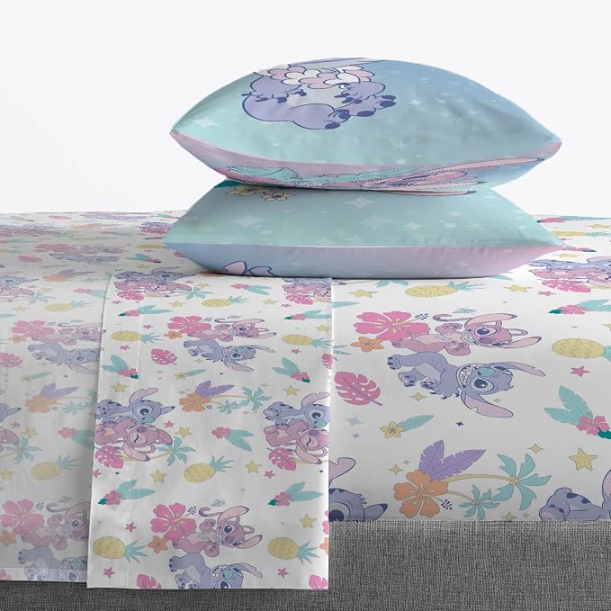 Jay Franco Disney Lilo & Stitch Full Size Sheet Set - 4 Piece Kids Bedding | Super Soft Brushed Microfiber, Deep Pocket, Machine Washable, White Angel Floral Design (Officially Licensed)