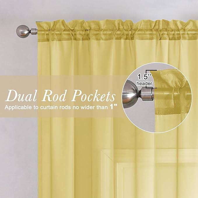 Lecloud Yellow Sheer Curtains 63 Inch Length 2 Panels, Light Filtering Voile - Image 2