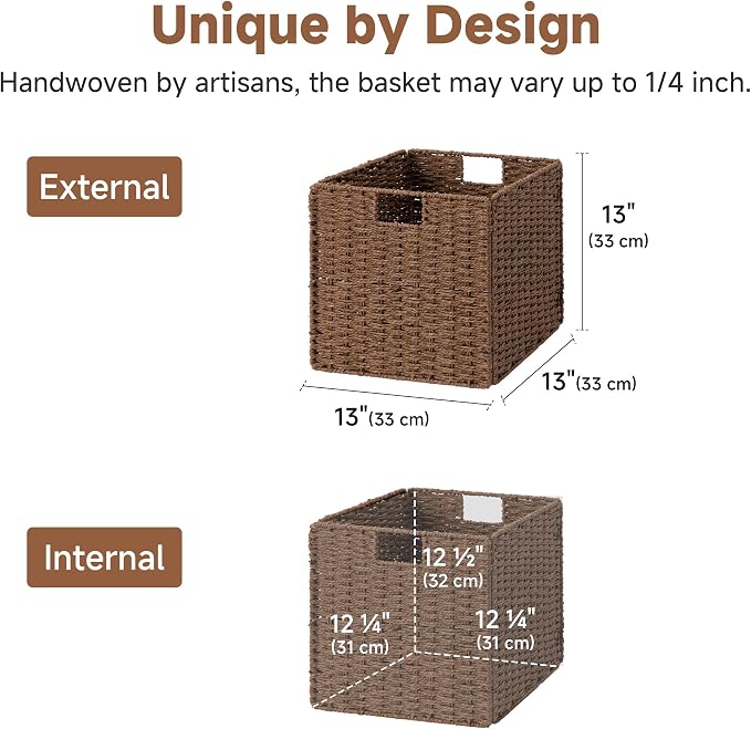 StorageWorks 13 inch Cube Storage Bins,Wicker Baskets for Storage,Brown | 2-Pack,Foldable Square Baskets,Wicker Storage Baskets for Organizing,Paper Rope Square Storage Cubes,Cube Storage Bins