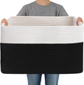 JMvicyroam 65L Large Woven Cotton Rope Blanket Basket, White&Black | Blanket storage for living room or bedroom use, Freestanding with reinforced handles, Entire basket is machine washable