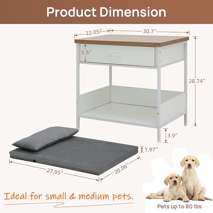 Multi-Functional Dog Bed End Table with Storage Drawer, Open Design Pet Bed with Removable Washable Cushion, Comfortable Resting Spot for Small & Medium Dogs, Indoor Use (White)