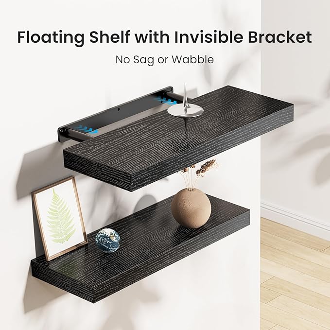 AMADA HOMEFURNISHING Floating Shelves Black, Wall Shelves with Invisible Brackets for Bedroom, Bathroom, Living Room, Kitchen, Set of 3 - AMFS07