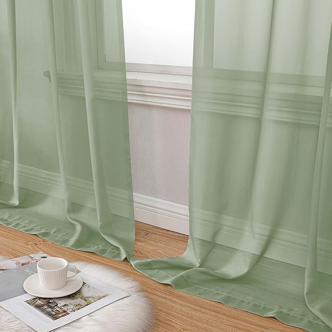 Sage Green Sheer Curtains for Bedroom Living Room 96 Inches Long 2 Panels, Modern Airy Soft Lightweight Rod Pocket Light Filtering Sheer Curtains Drapes, Each 59" Wx96 L Inch