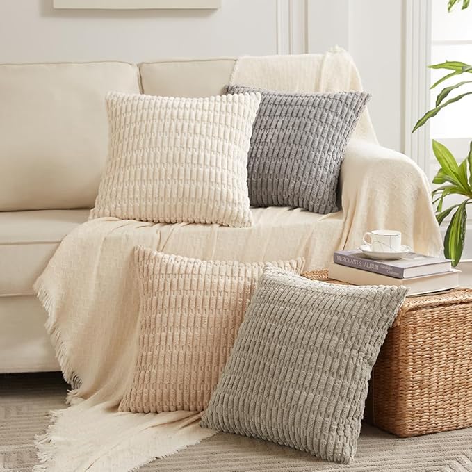 Fancy Homi 4 Packs Taupe Decorative Throw Pillow Covers 20x20 Inch for Living Room Couch Bed Sofa, Modern Farmhouse Boho Home Decor, Soft Plush Corduroy Square Cute Accent Cushion Case 50x50 cm