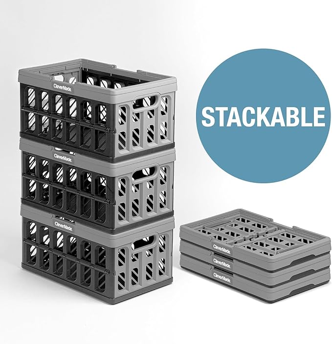 CleverMade Collapsible Shopping Basket, 24L, 3 Pack, Stone | Rigid walls protect groceries and supplies. Each basket carries 25 lb, stacks securely, and folds to 2.25 inches.